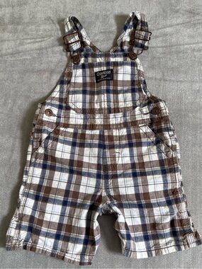 OshKosh B'gosh Brown, Blue and White Plaid Cotton Kids Overalls Shorts Boy 18M